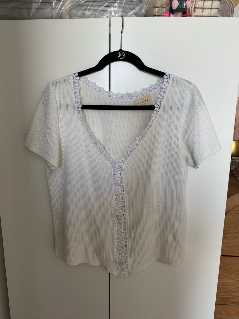 Sezane White Lace-Trim Short Sleeve V-Neck Top